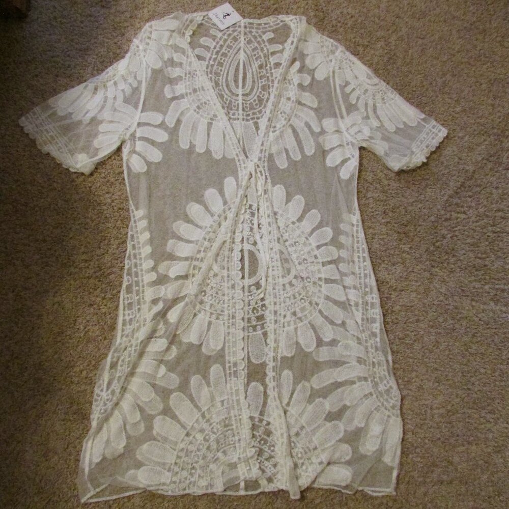 NWT Shermie One Size Ivory Long Floral Lace Open Cardigan Top Beach Cover Up